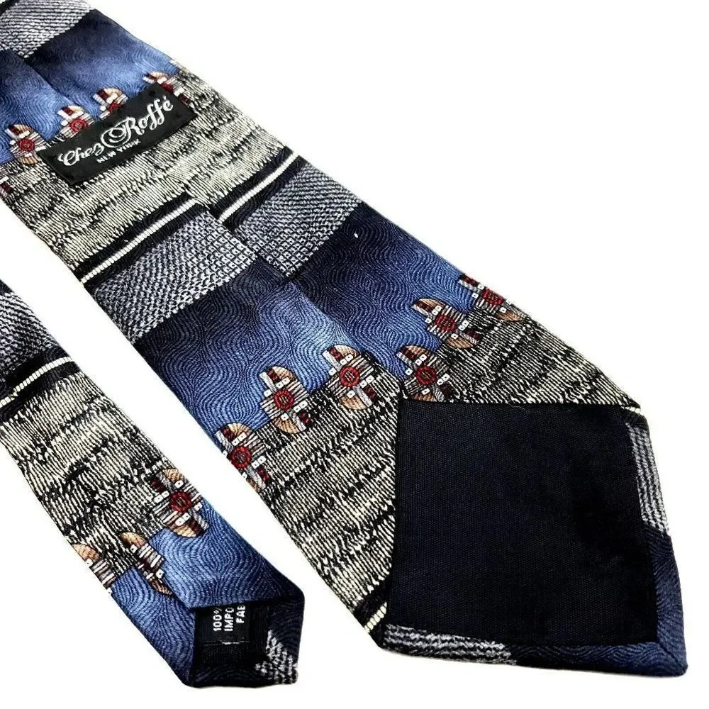 Chez Roffe Silk Tie Print Gray Blue Wide‎